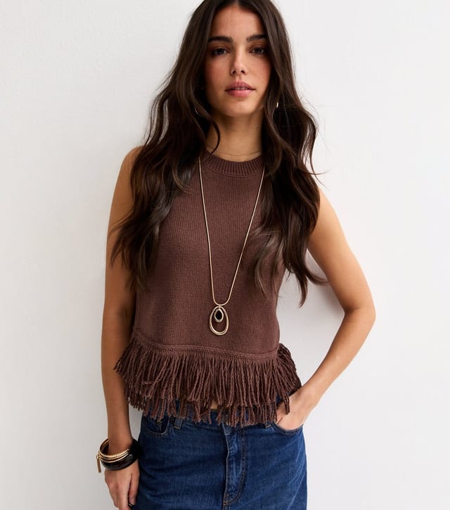 New Look Women's Dark Brown Fringed Hem Cotton Rich Vest New Look - 3