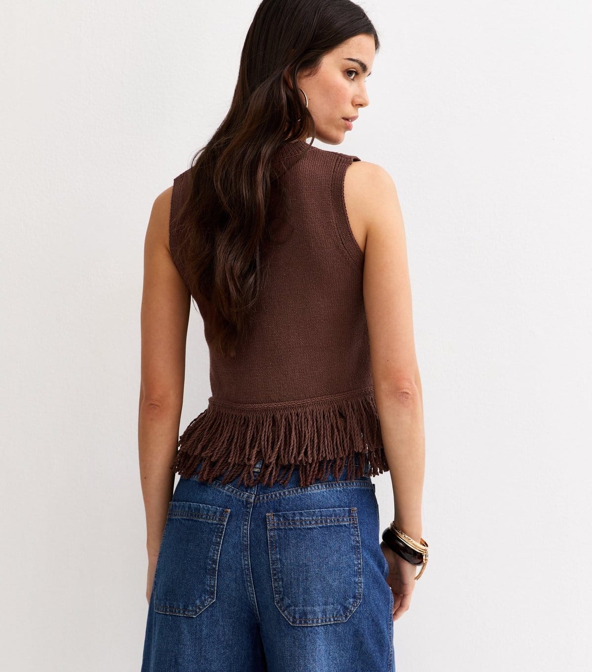 New Look Women's Dark Brown Fringed Hem Cotton Rich Vest New Look - 4