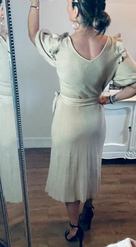 Never Fully Dressed Never Fully Dressed beige knitted cold shoulder wrap midi dress size 10