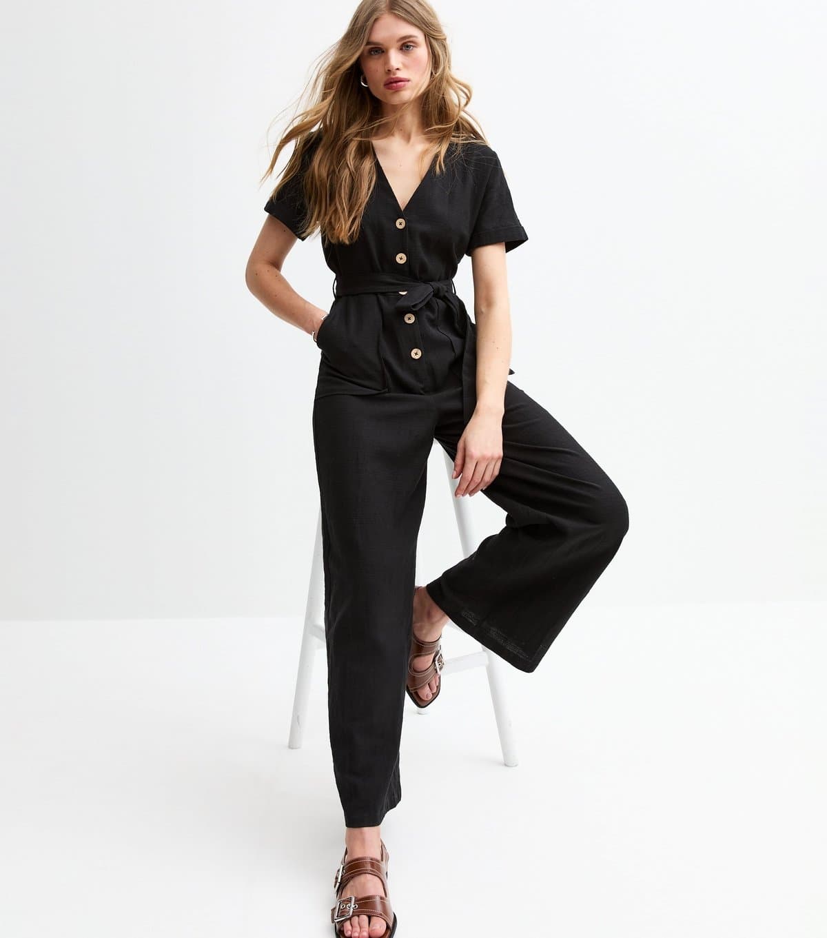 New Look Women's Black V-Neck Button Front Jumpsuit New Look