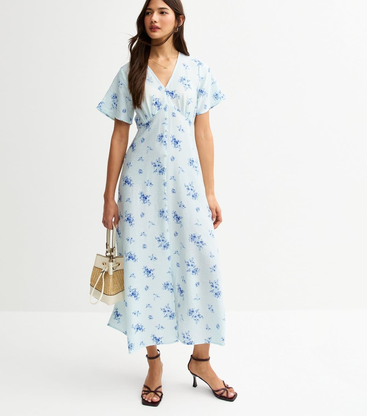 New Look Women's Blue Rose Print Button Through Midi Tea Dress New Look