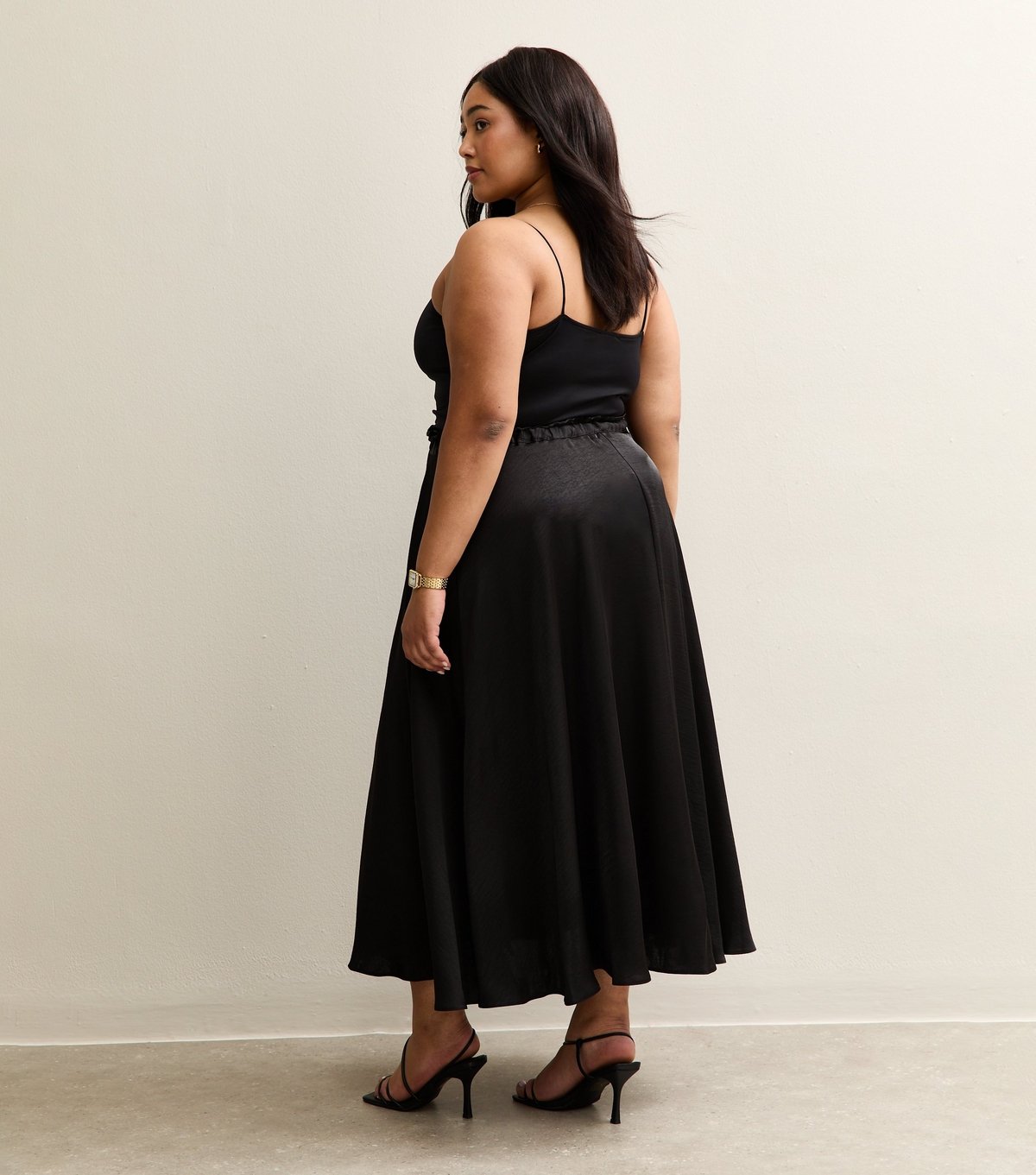 New Look Women's Plus Size Black Satin Gathered Midi Skirt Curves New Look - 4