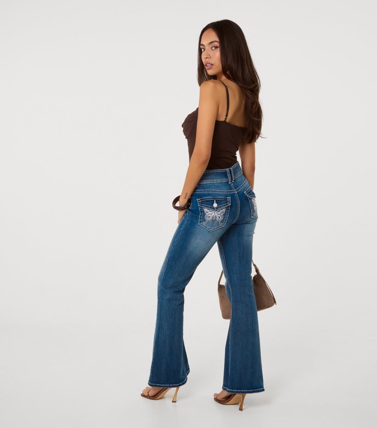 Pink Vanilla Women's Blue Embroidered Butterfly Pocket Flared Jeans Pink Vanilla New Look