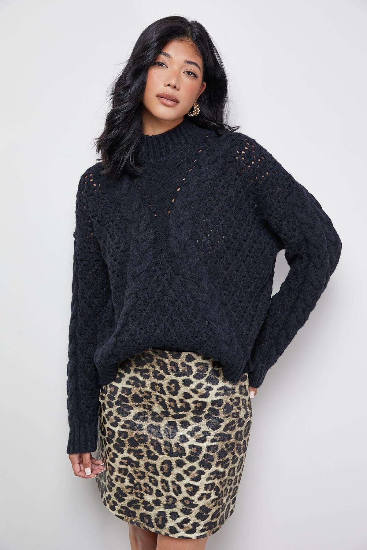Warehouse Warehouse Women's Chunky Cable Knit Roll Neck Jumper in Black