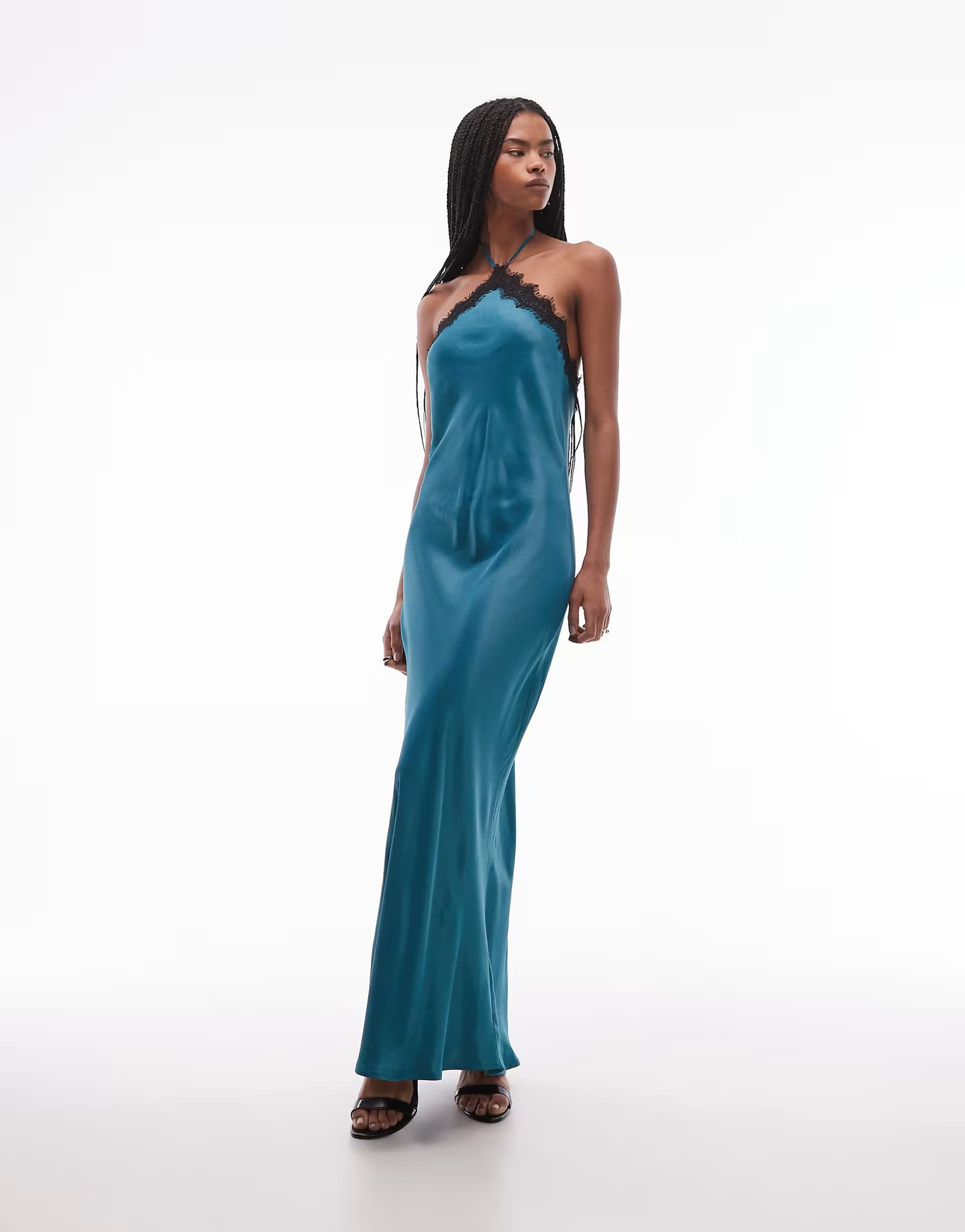ASOS ASOS DESIGN halter neck satin slip maxi dress with lace trim in blue
