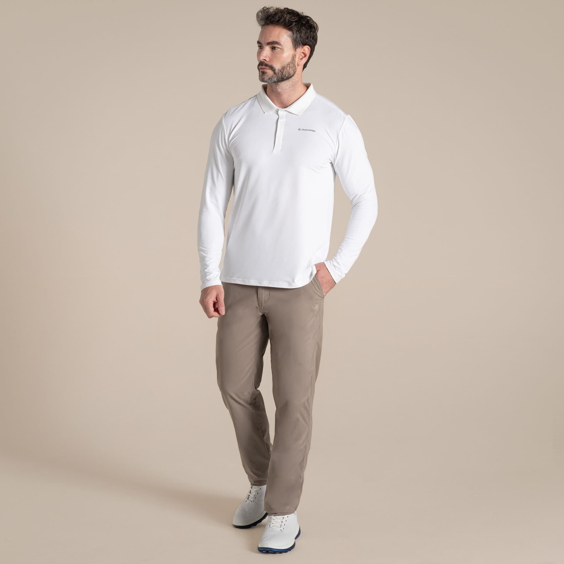 Craghoppers Craghoppers Men's NosiLife Bramshaw Insect-Repellent Long Sleeved Golf Polo Shirt in White