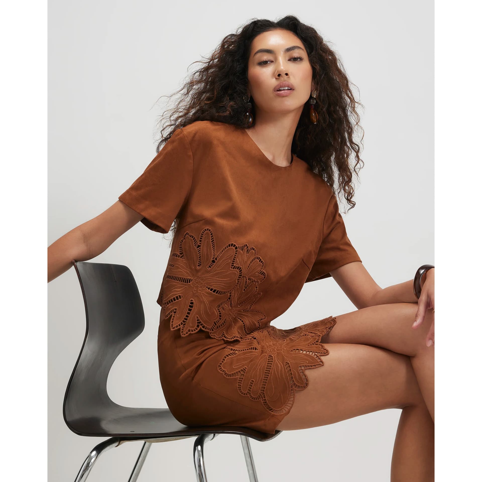 River Island River Island Womens Brown Floral Cutwork Faux Suede T-Shirt