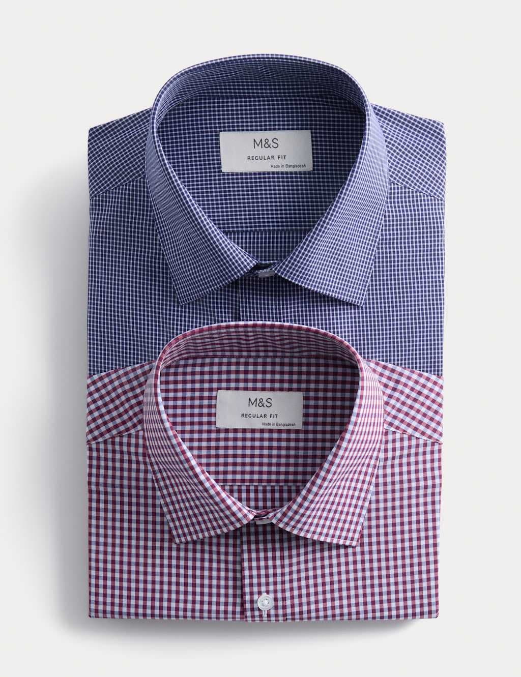 Marks & Spencer M&S 2 Pack Regular Fit Easy Iron Check Shirts Red Mix