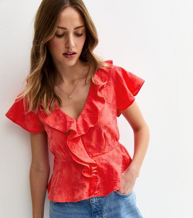 New Look Women's Dark Coral Embroidered Floral Tea Top New Look - 2