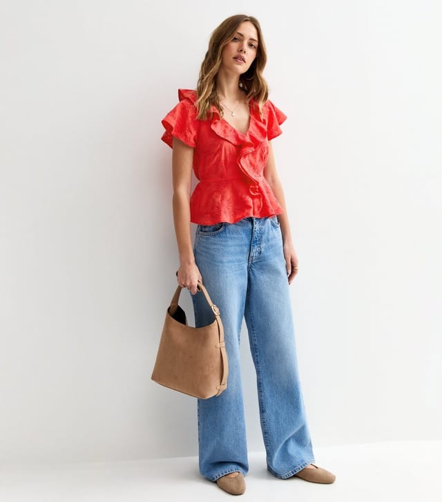 New Look Women's Dark Coral Embroidered Floral Tea Top New Look - 3