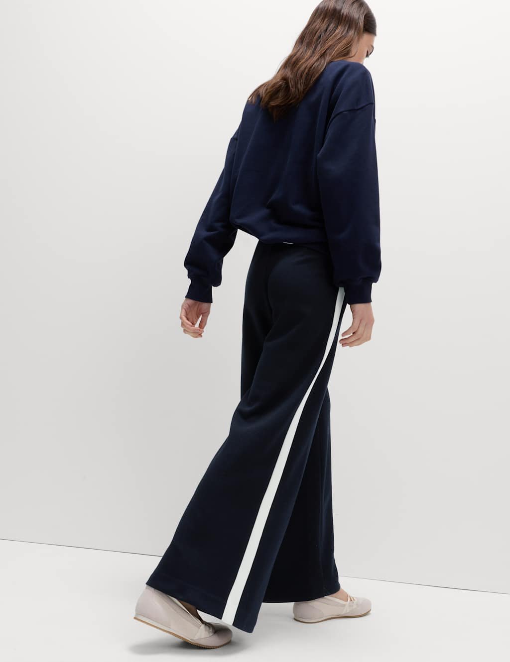 Marks & Spencer M&S Pique Side Stripe Wide Leg Trousers Navy Mix - 4