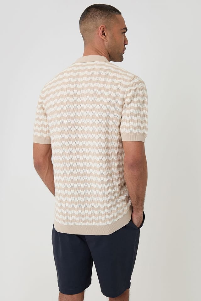 Threadbare Threadbare Men's Wavy Stripe Textured Knitted Polo in Stone - 2