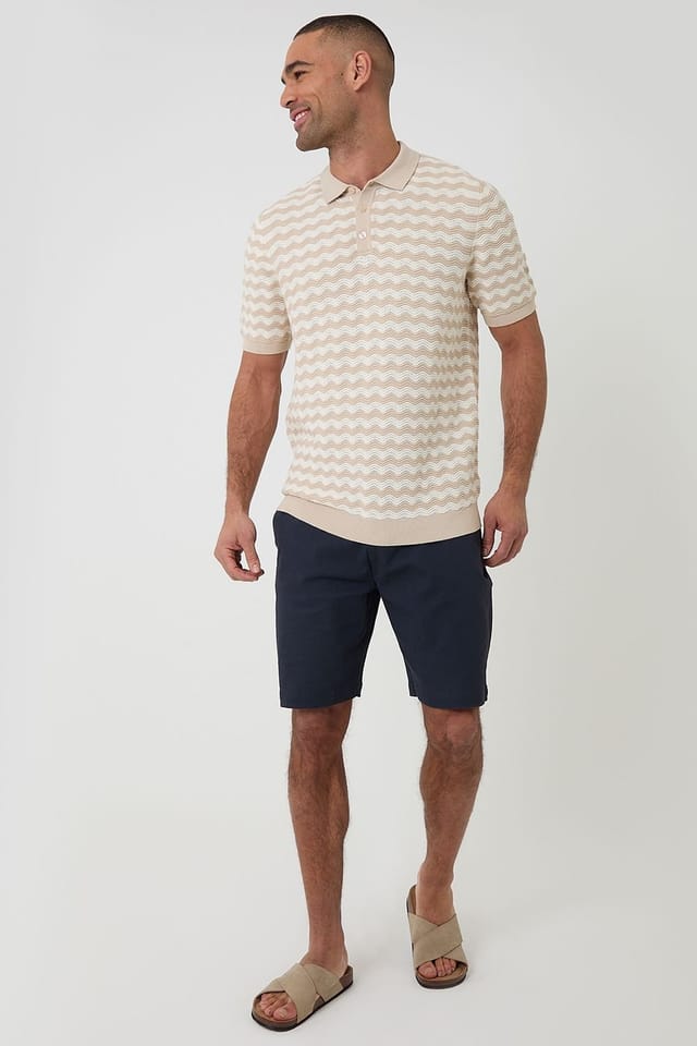 Threadbare Threadbare Men's Wavy Stripe Textured Knitted Polo in Stone - 3