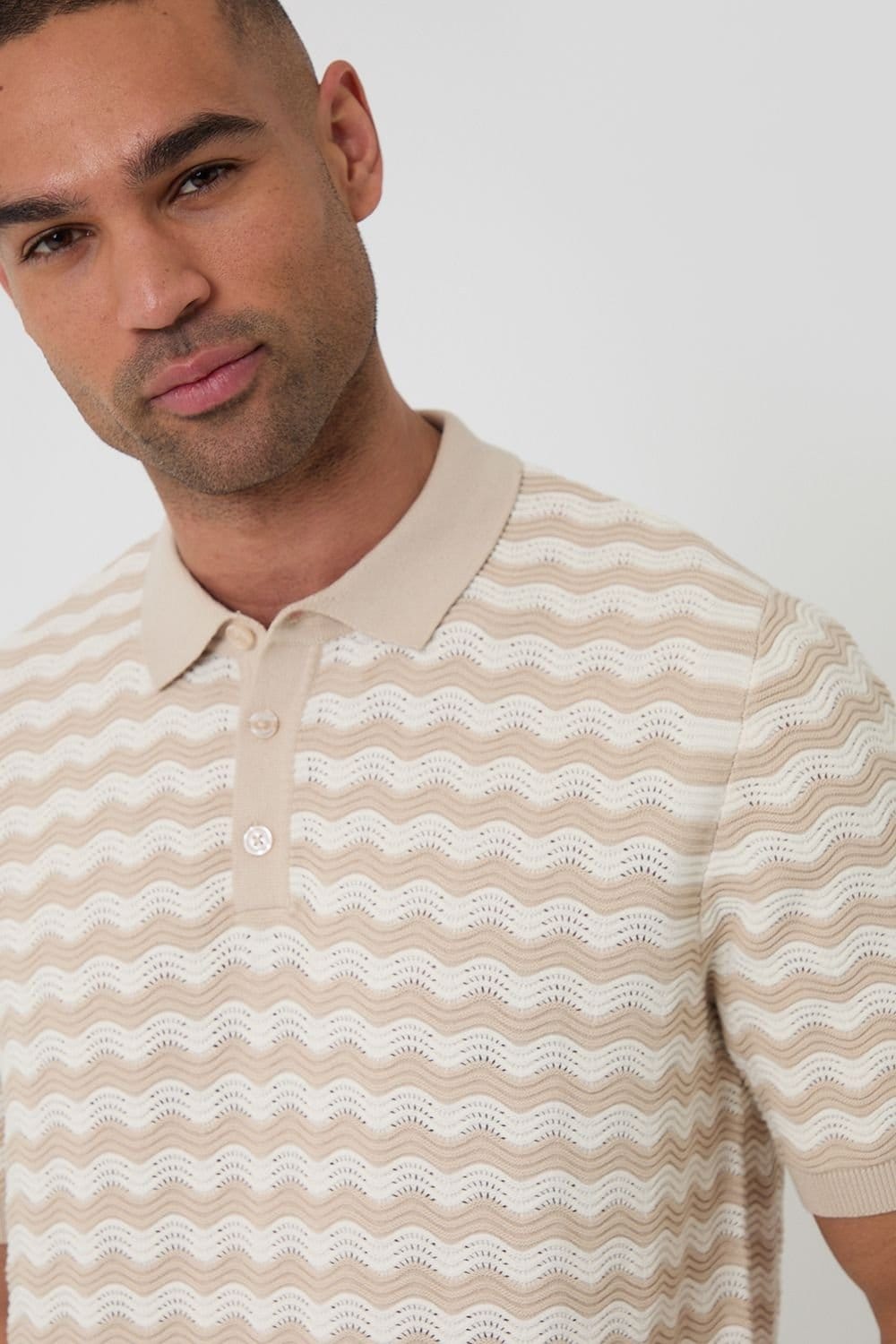 Threadbare Threadbare Men's Wavy Stripe Textured Knitted Polo in Stone - 4