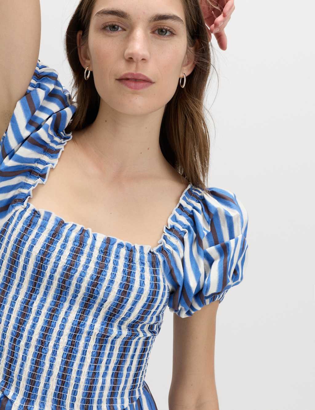 Marks & Spencer M&S Pure Cotton Striped Shirred Midi Dress Blue Mix - 4