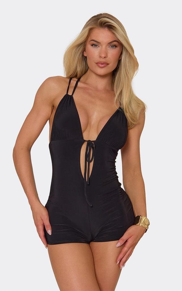 EGO Plunge Tie Detail Micro Playsuit In Black, Women's Size UK 6 - 2