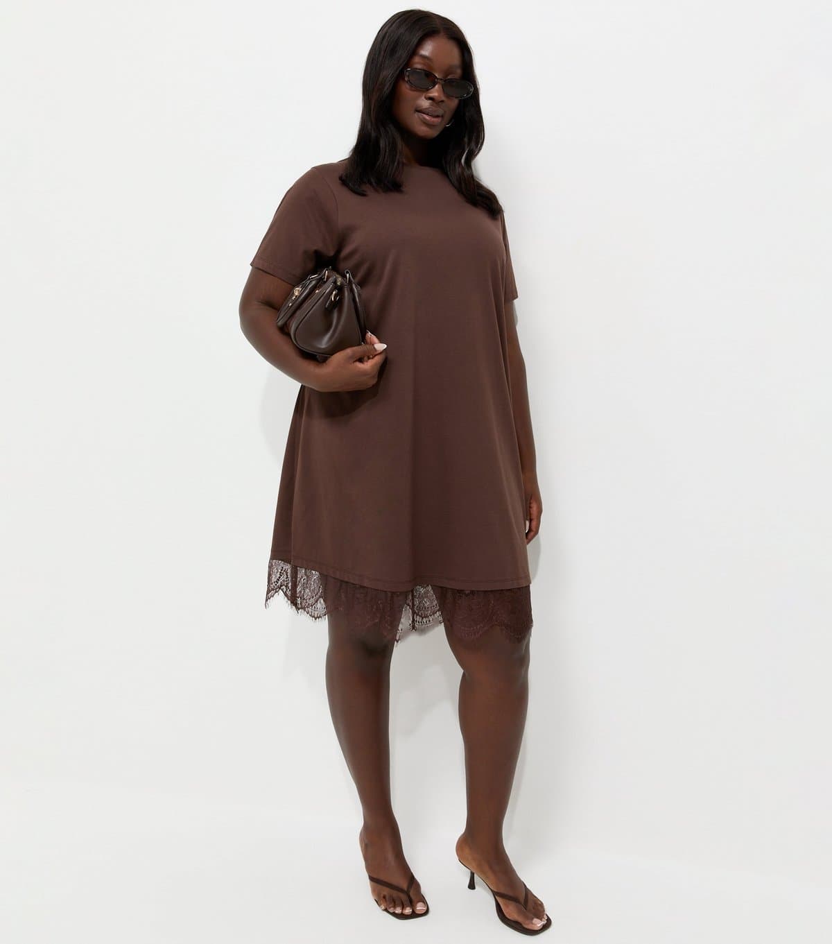 New Look Women's Plus Size Brown Cotton Rich Lace Trim T Shirt Mini Dress Curves New Look