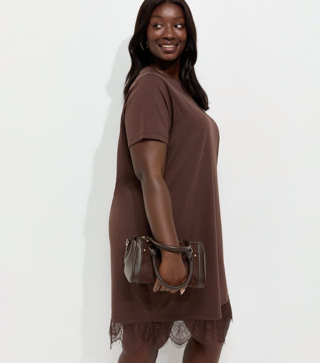 New Look Women's Plus Size Brown Cotton Rich Lace Trim T Shirt Mini Dress Curves New Look - 2