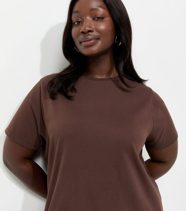 New Look Women's Plus Size Brown Cotton Rich Lace Trim T Shirt Mini Dress Curves New Look - 3
