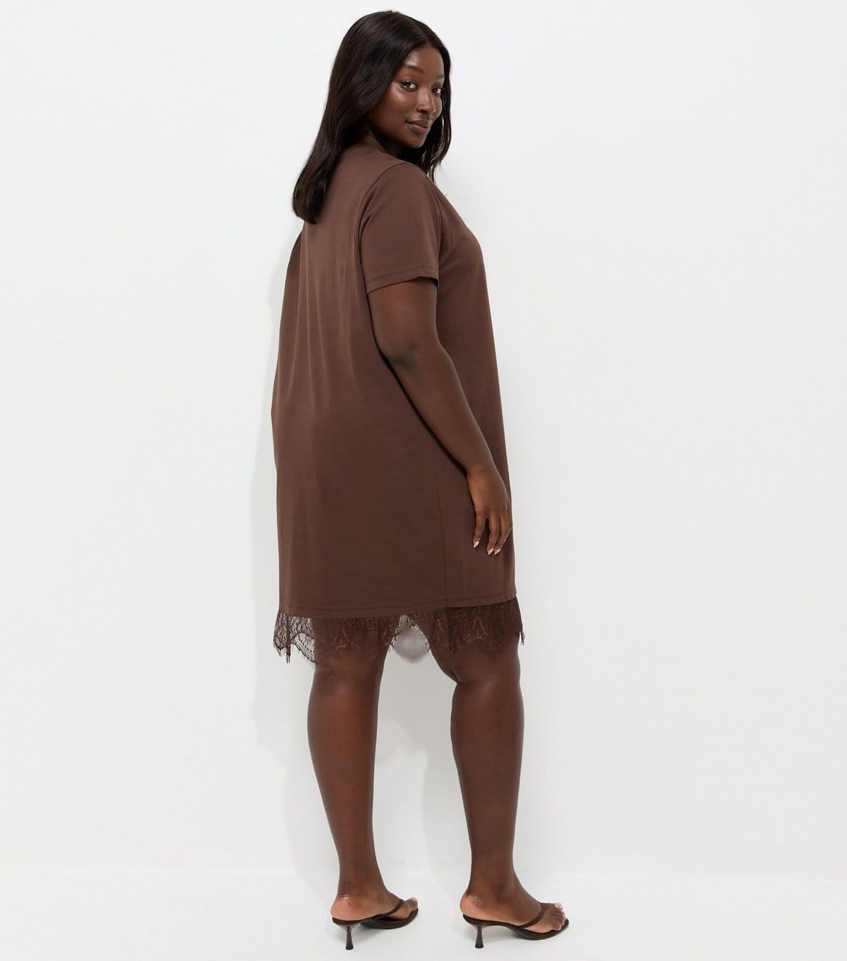 New Look Women's Plus Size Brown Cotton Rich Lace Trim T Shirt Mini Dress Curves New Look - 4