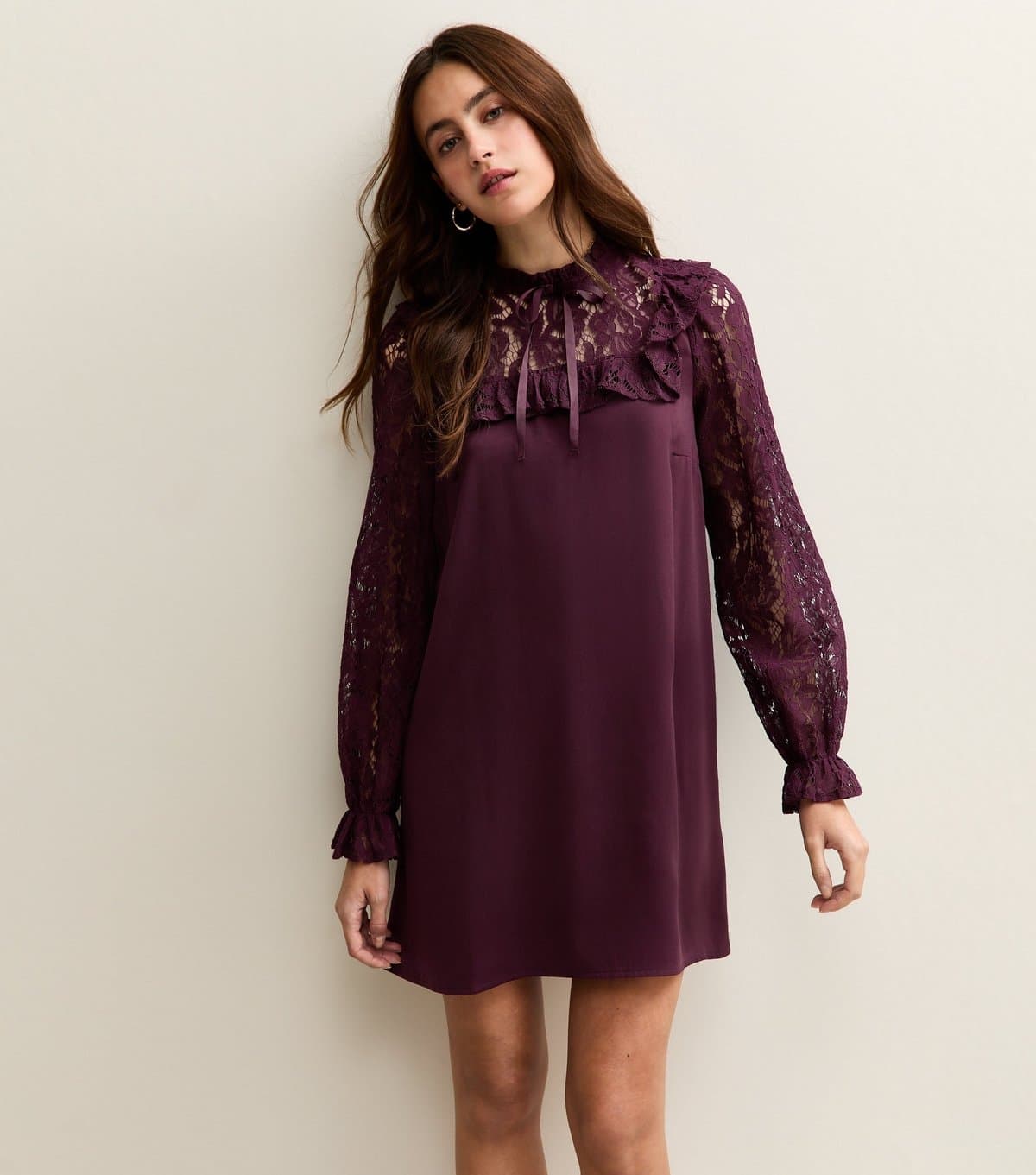 New Look Women's Dark Purple Lace Sleeve Smock Mini Dress New Look