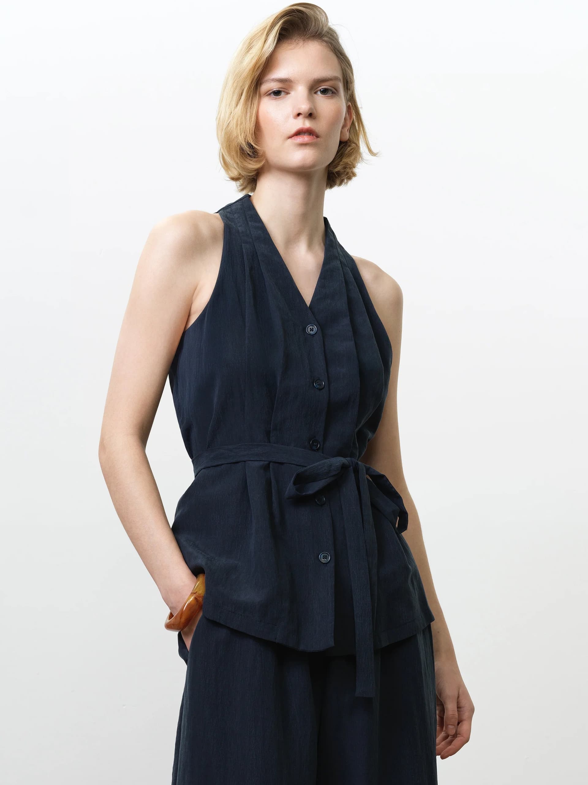 French Connection Melina Navy Belted Halterneck Top New Navy Blue