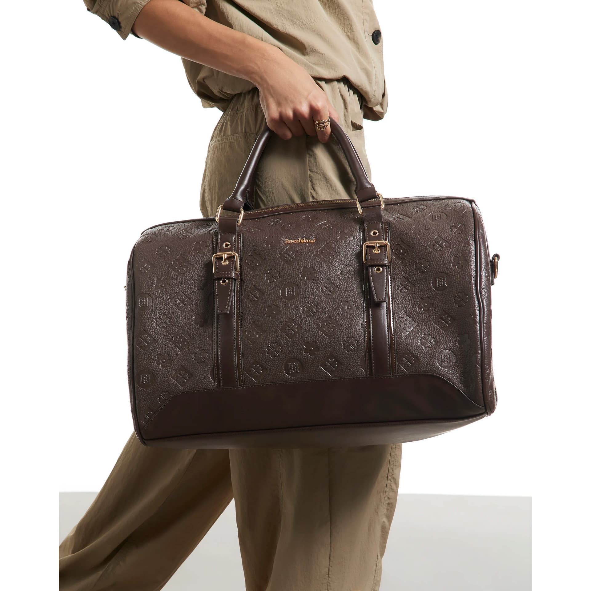 River Island River Island Womens Brown Monogram Embossed Barrel Bag