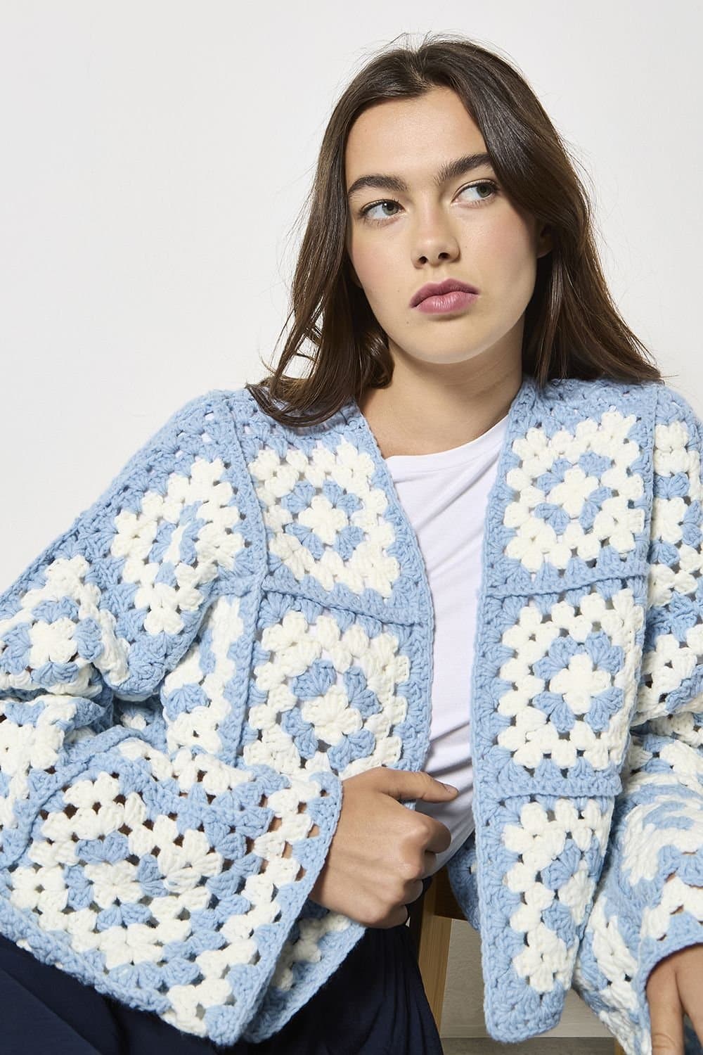 Apricot Apricot Women's Hand-Knit Crochet Squares Cardigan in Blue