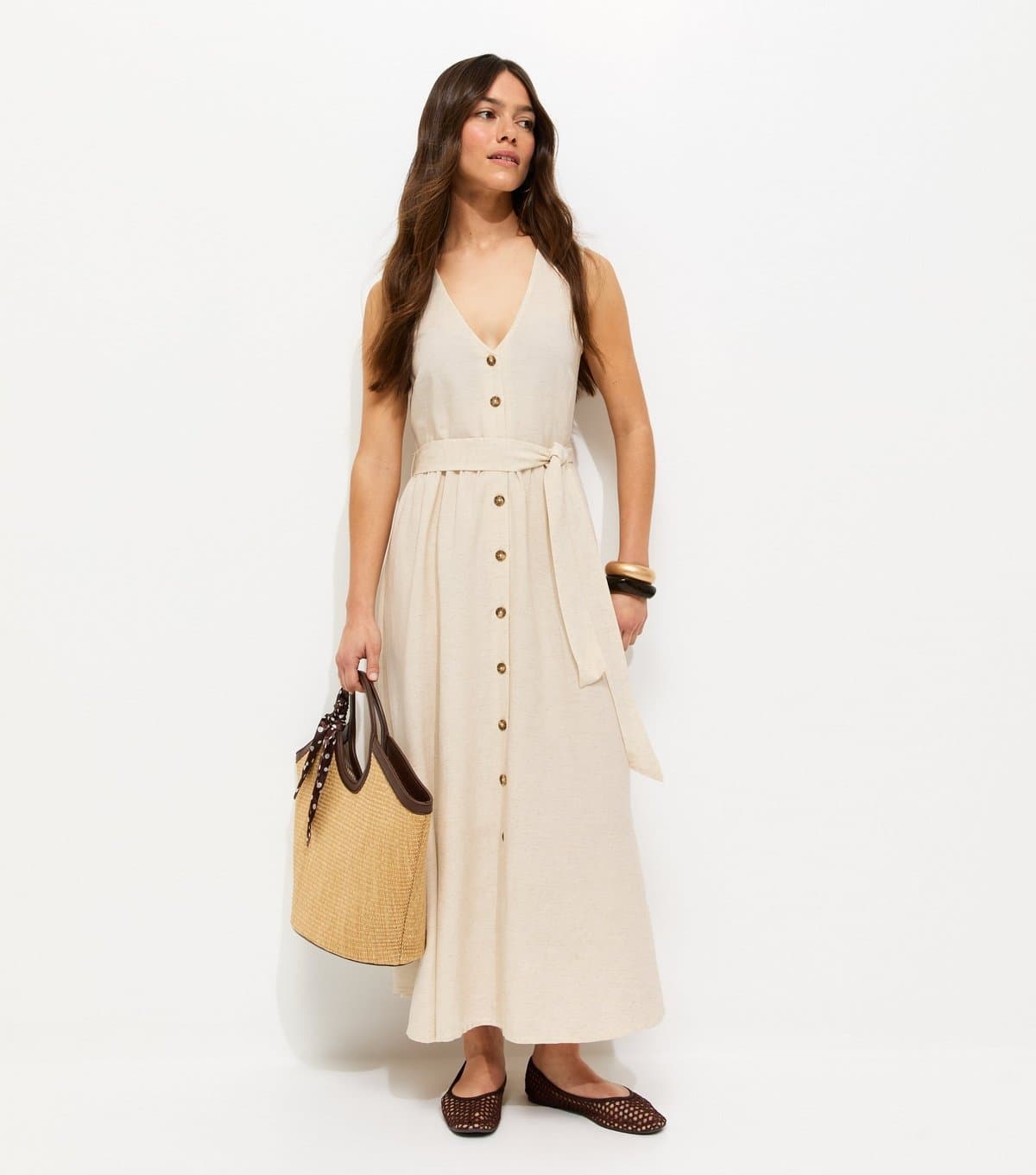 New Look Women's Petite Cream V-Neck Button Through Midi Dress New Look
