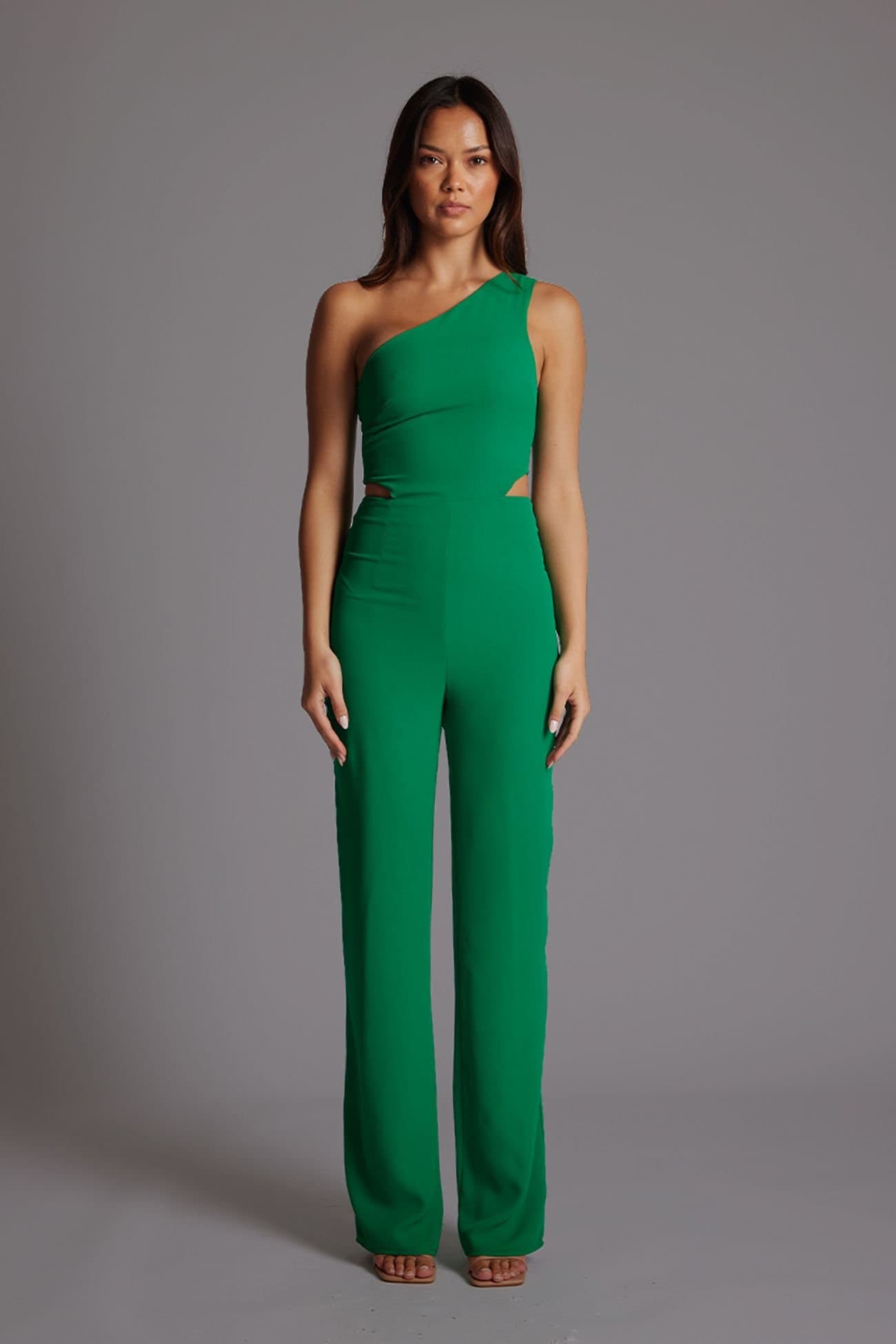 Vesper Vesper Women's One Shoulder Wide Leg Jumpsuit in Emerald Green