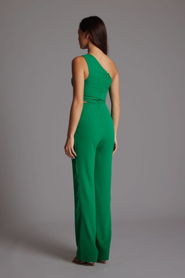 Vesper Vesper Women's One Shoulder Wide Leg Jumpsuit in Emerald Green - 3