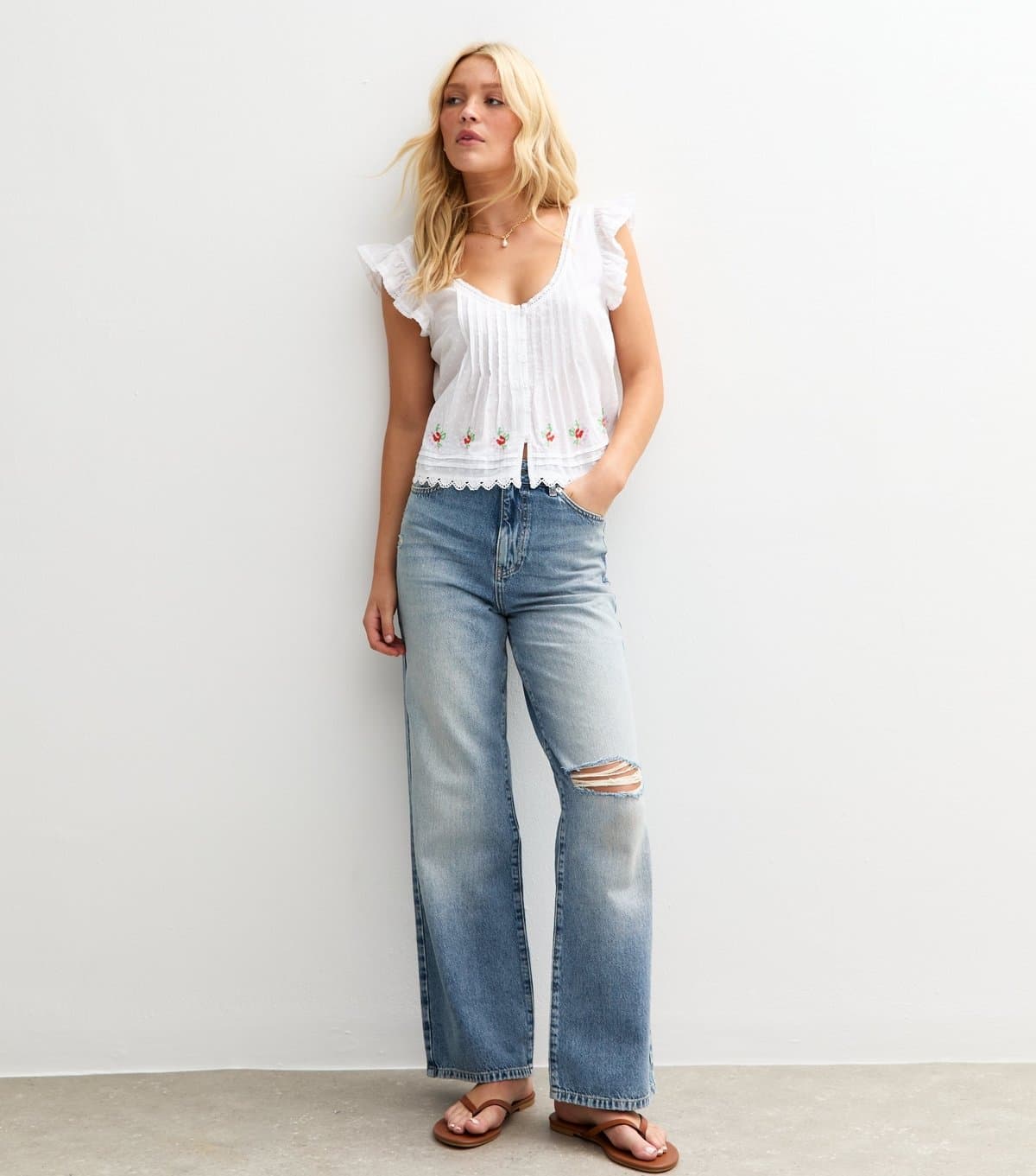 New Look New Look Teal High Waist Ripped Knee Wide Leg Jeans