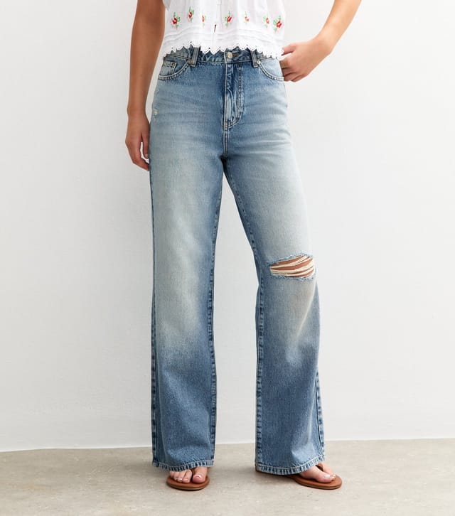 New Look Women's Blue High Waist Ripped Knee Adalae Wide Leg Jeans New Look - 3