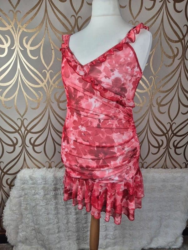 Shein Mesh stretch ruched frill dress in pinks size 16