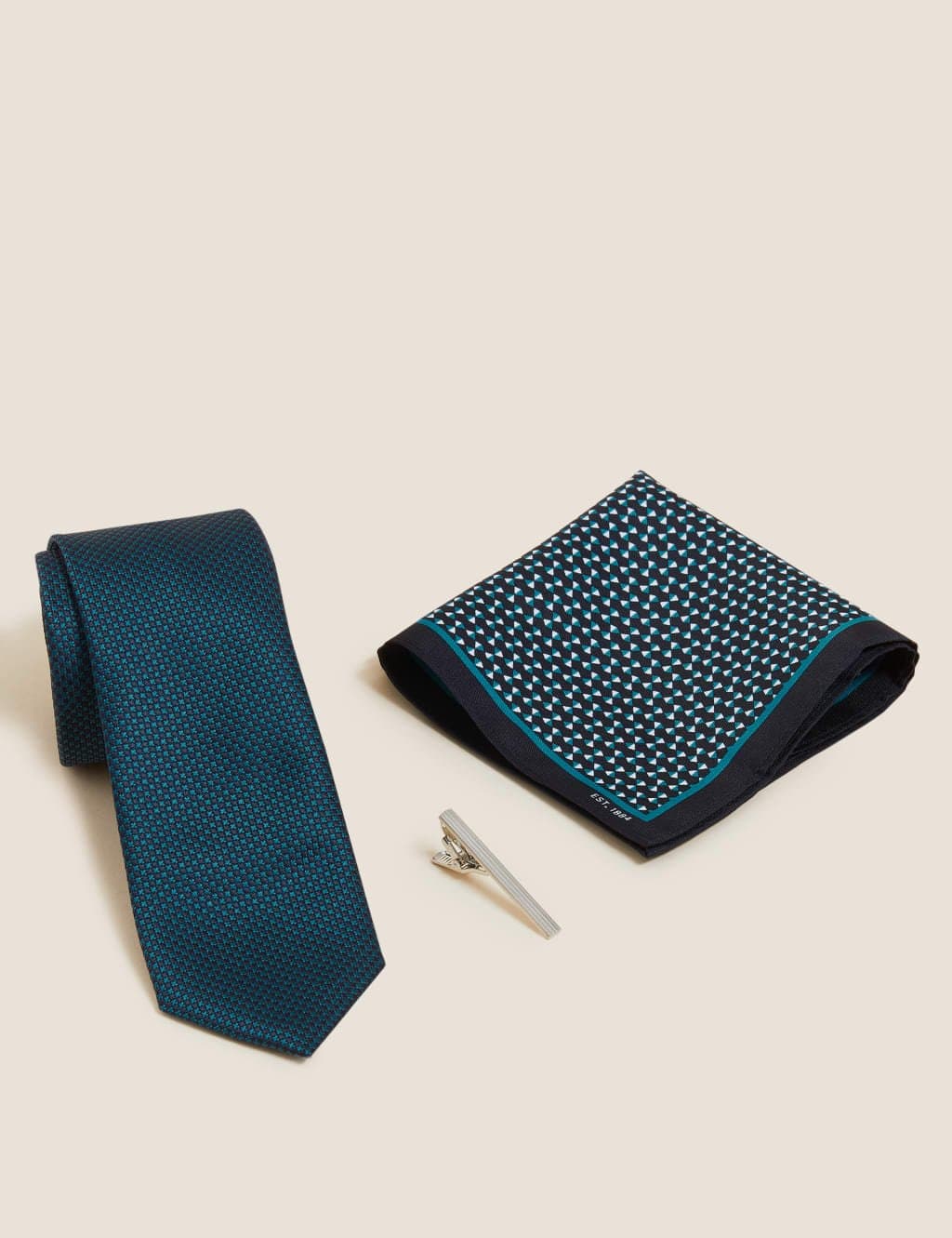 Marks & Spencer M&S Geometric Tie Pin and Pocket Square Set Dark Petrol