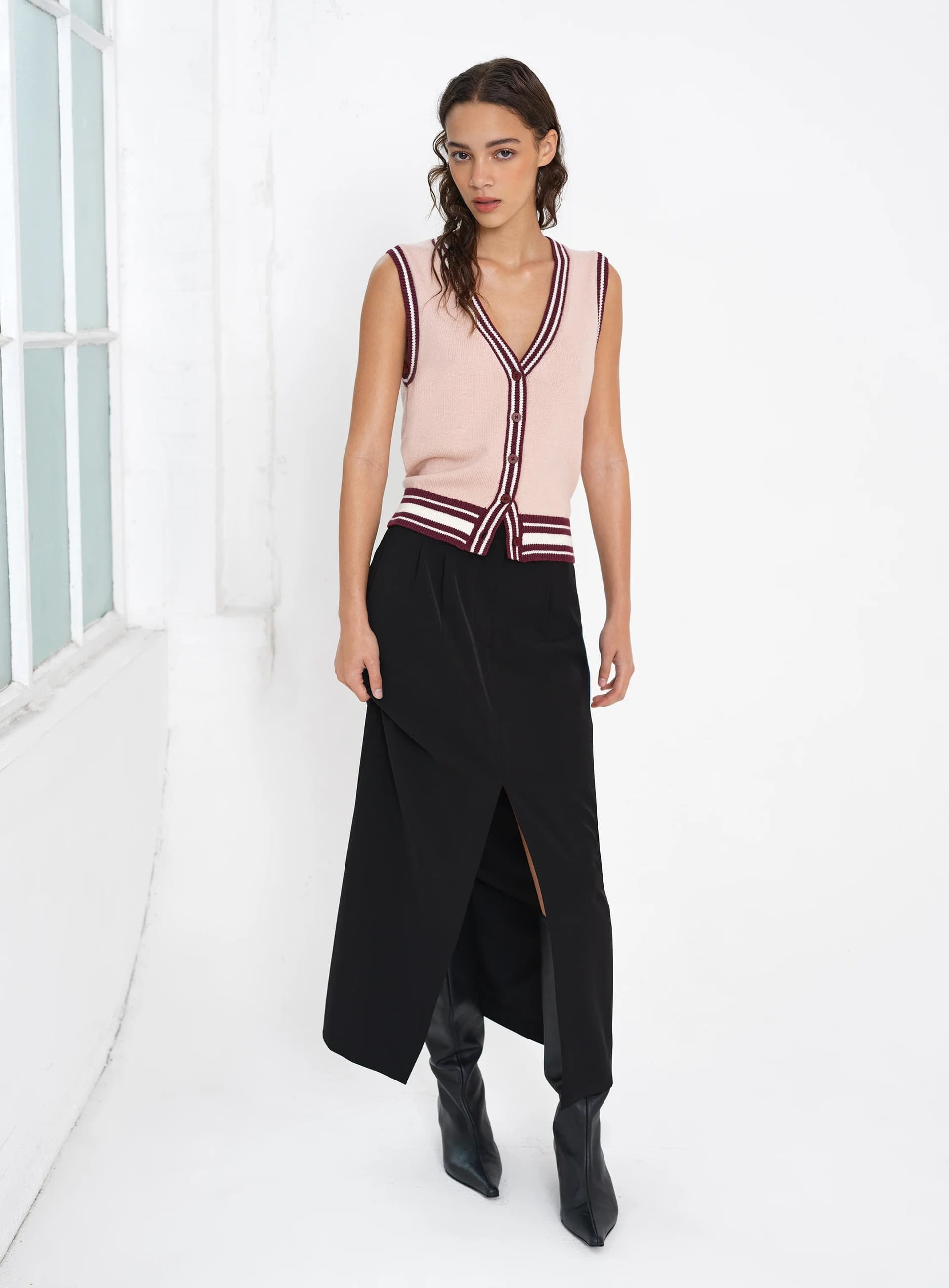 French Connection Junie Knit Button Through Striped Vest Berry Red/Powder Pink/Porcelain Cream