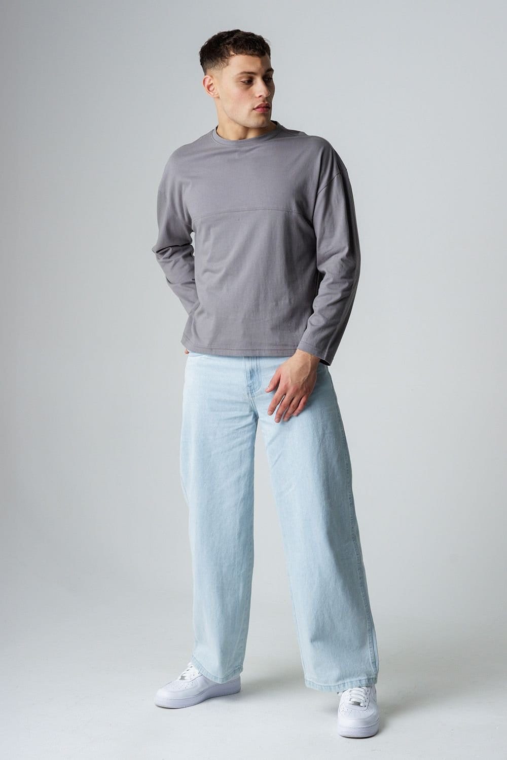 Influence Influence Men's Cotton Crew Neck Seam Long Sleeve T-Shirt in Grey - 4