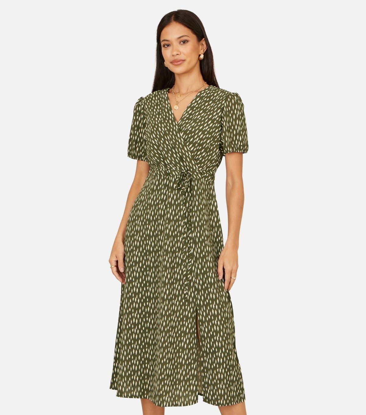 Yumi Women's Green Spot Print Wrap Midi Dress Yumi New Look