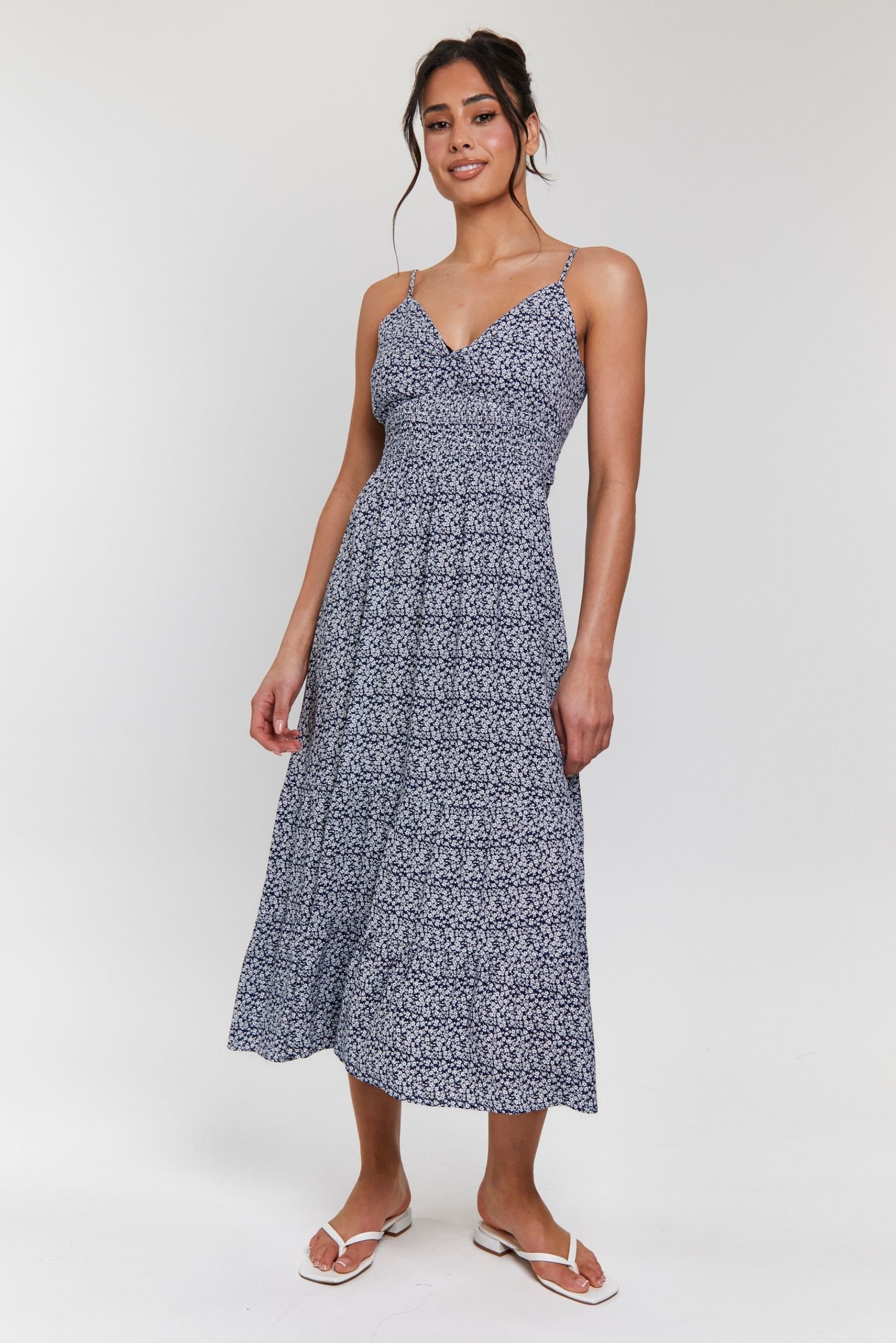 South Beach South Beach Women's Strappy Tiered Dress with Tie Back Detail in Navy