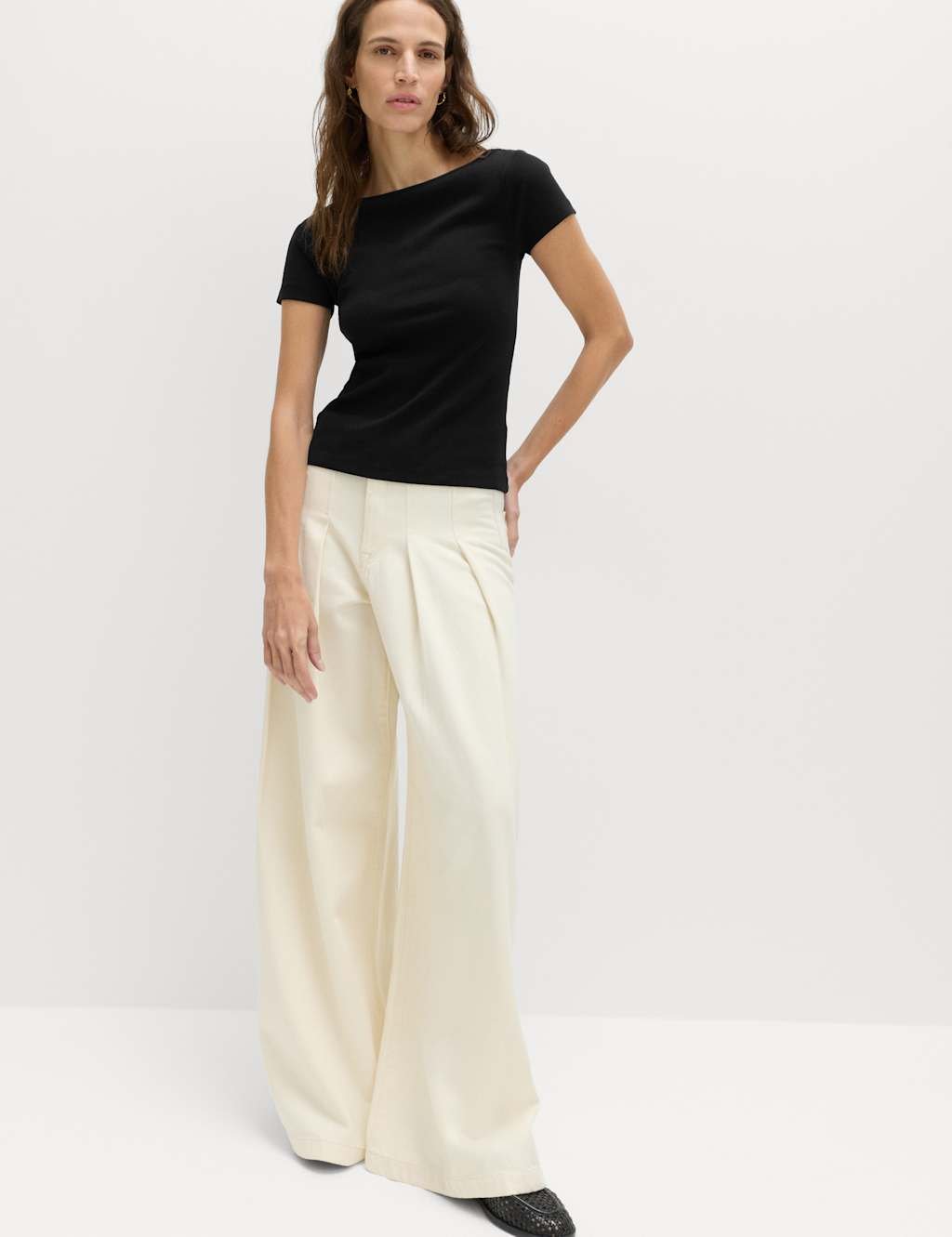 Marks & Spencer M&S Cotton Rich Ribbed Slash Neck T-Shirt Black - 2