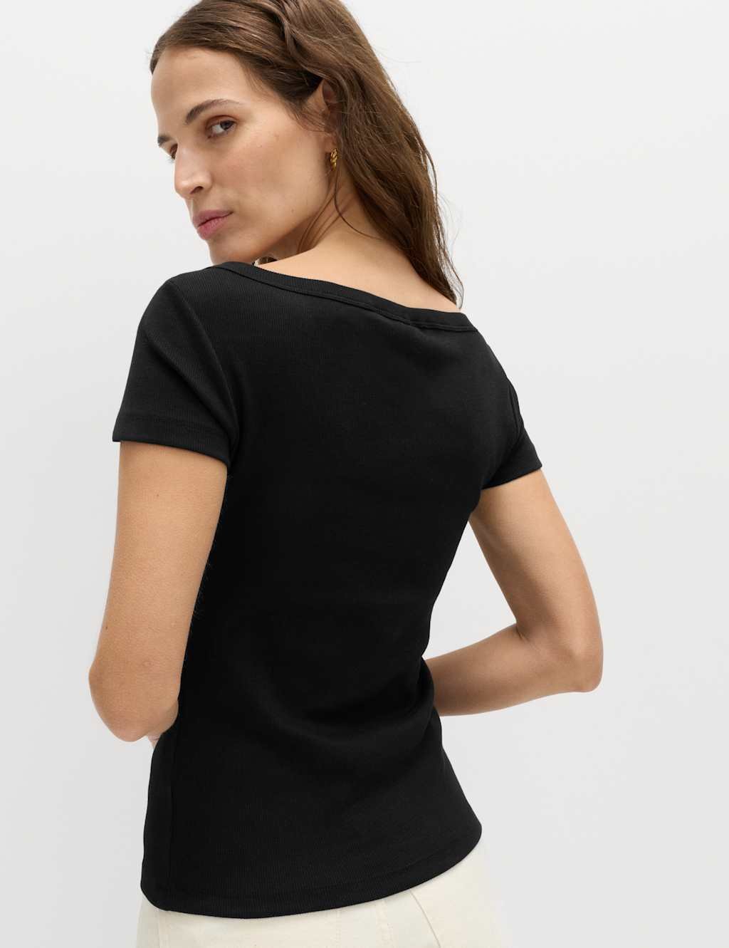 Marks & Spencer M&S Cotton Rich Ribbed Slash Neck T-Shirt Black - 3