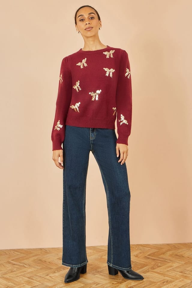 Yumi Yumi Women's Burgundy Sequin All Over Applique Bow Knitted Jumper - 3
