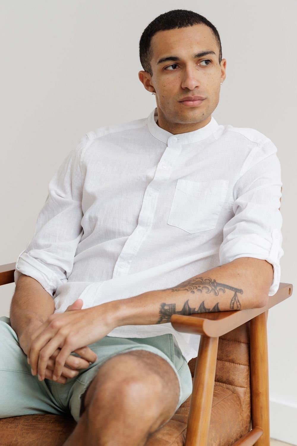 Tokyo Laundry Tokyo Laundry Men's Linen Blend Long Sleeve Button-Up Shirt with Grandad Collar in White