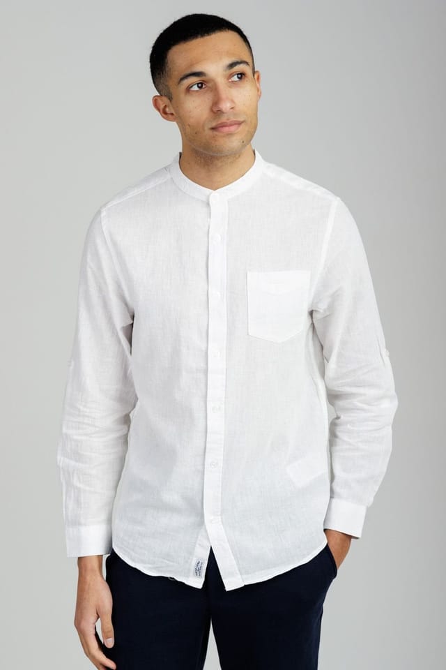 Tokyo Laundry Tokyo Laundry Men's Linen Blend Long Sleeve Button-Up Shirt with Grandad Collar in White - 2