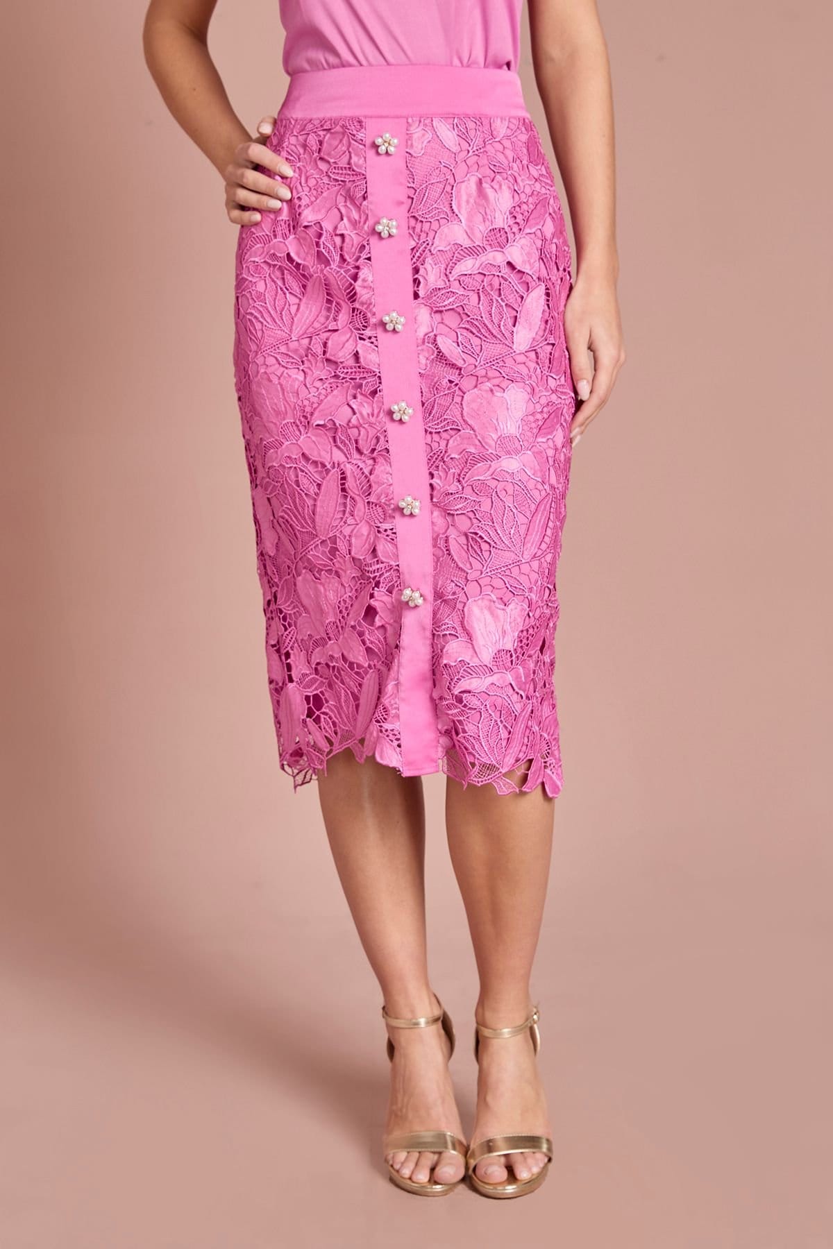 Coast Coast Women's Lace Pearl Button Pencil Skirt in Pink - 4