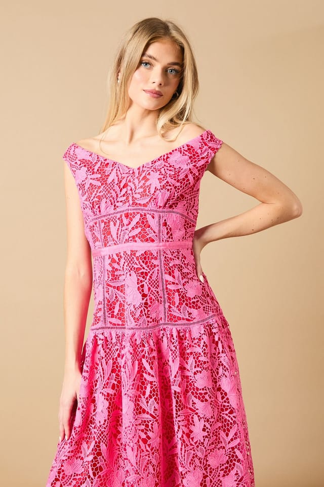 Oasis Oasis Women's Floral Lace Off-The Shoulder Midi Dress in Pink - 2