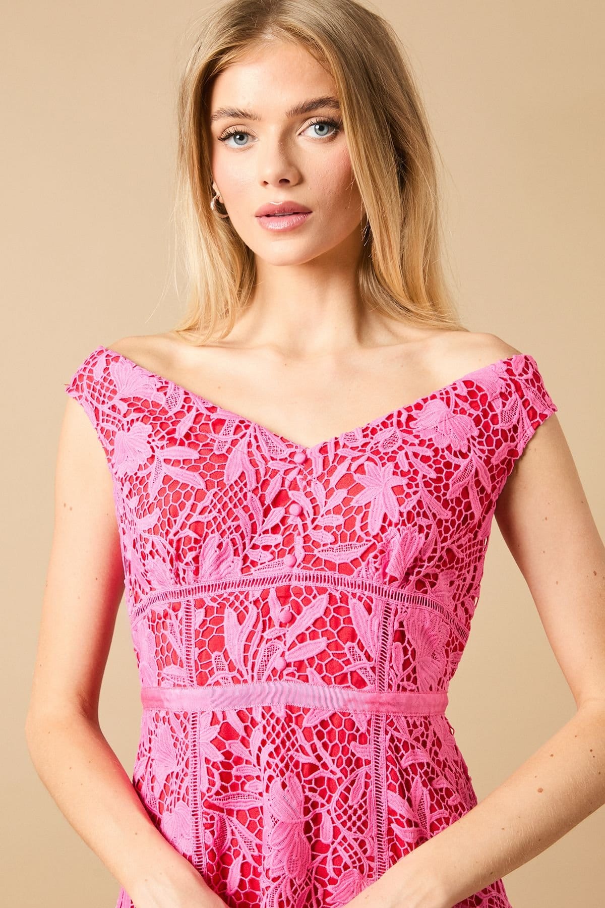 Oasis Oasis Women's Floral Lace Off-The Shoulder Midi Dress in Pink - 4