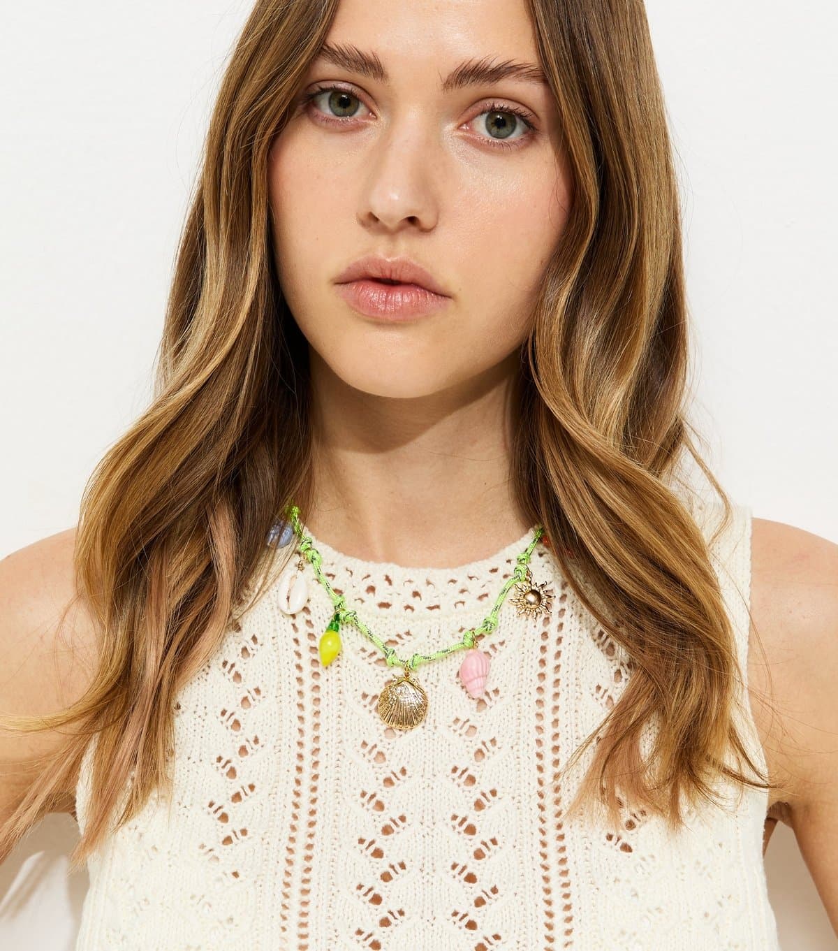New Look New Look Green Shell Charm Rope Necklace