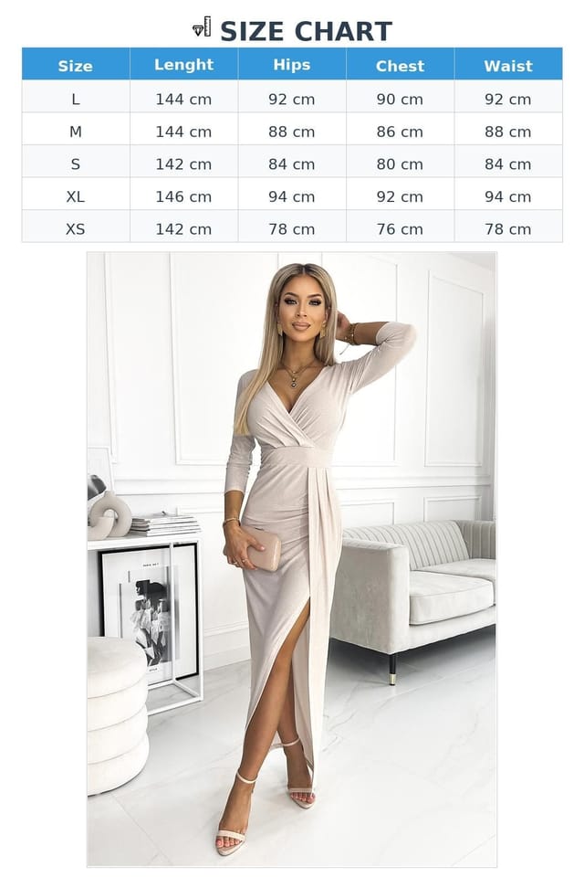 Love Lace Love Lace Women's Beige Glitter Envelope Neck Long Dress Slit - 3