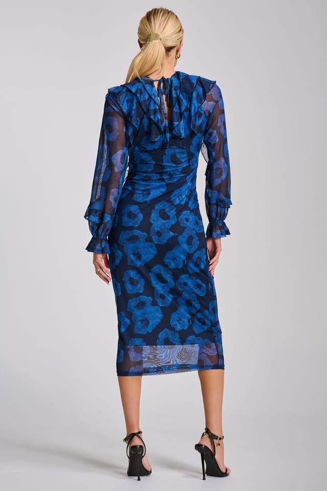 Jolie Moi Jolie Moi Women's Long Sleeve Ruffle Detail Mesh Bodycon Dress in Blue - 2